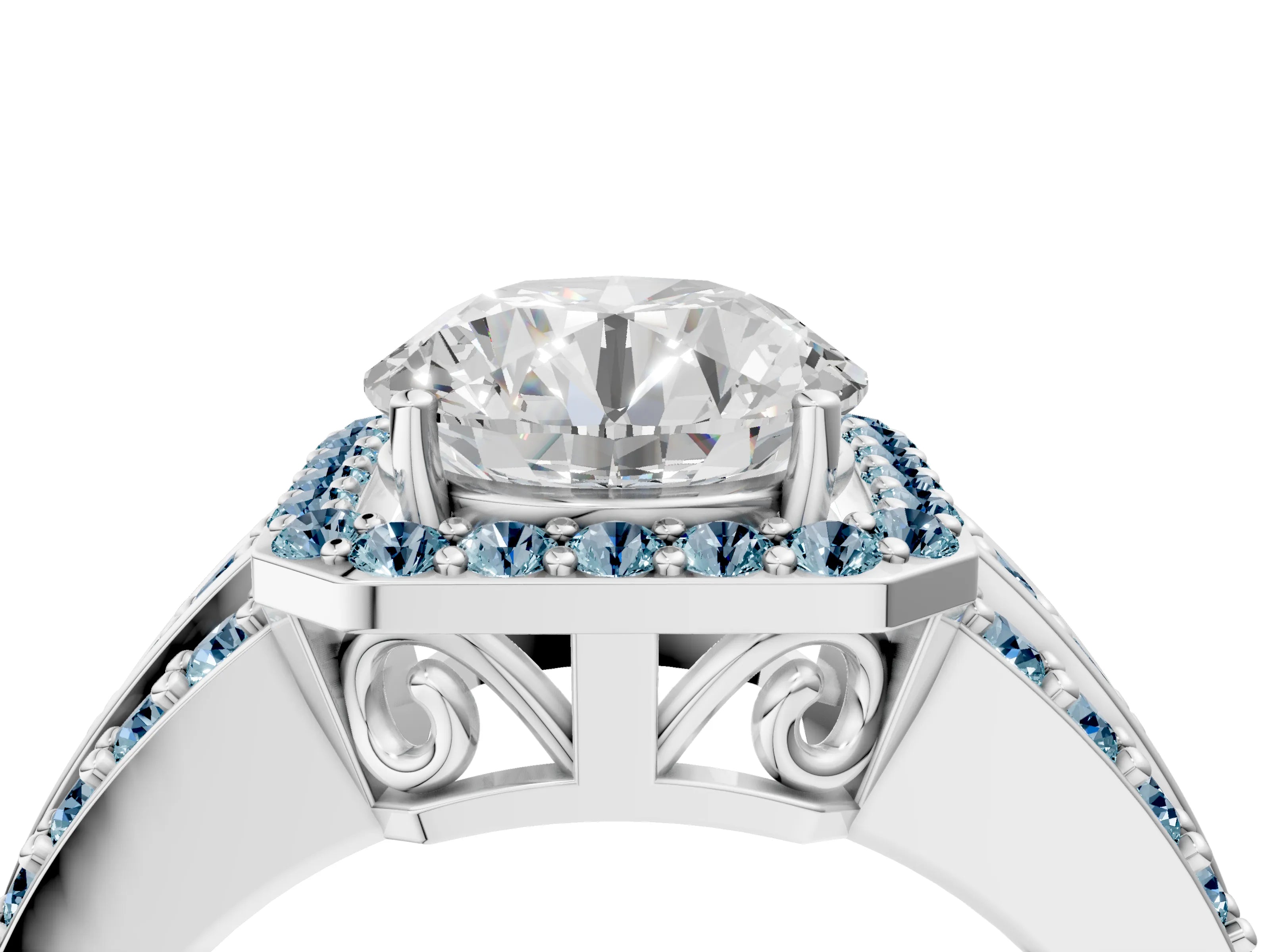 White gold Round Cut Halo Diamond Ring with Round with Aquamarine side stone Split Shank and Prong Setting_16
