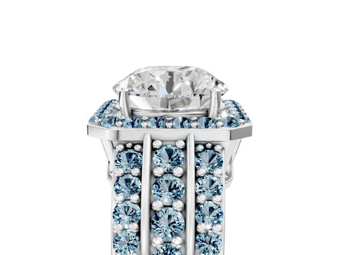 White gold Round Cut Halo Diamond Ring with Round with Aquamarine side stone Split Shank and Prong Setting_17