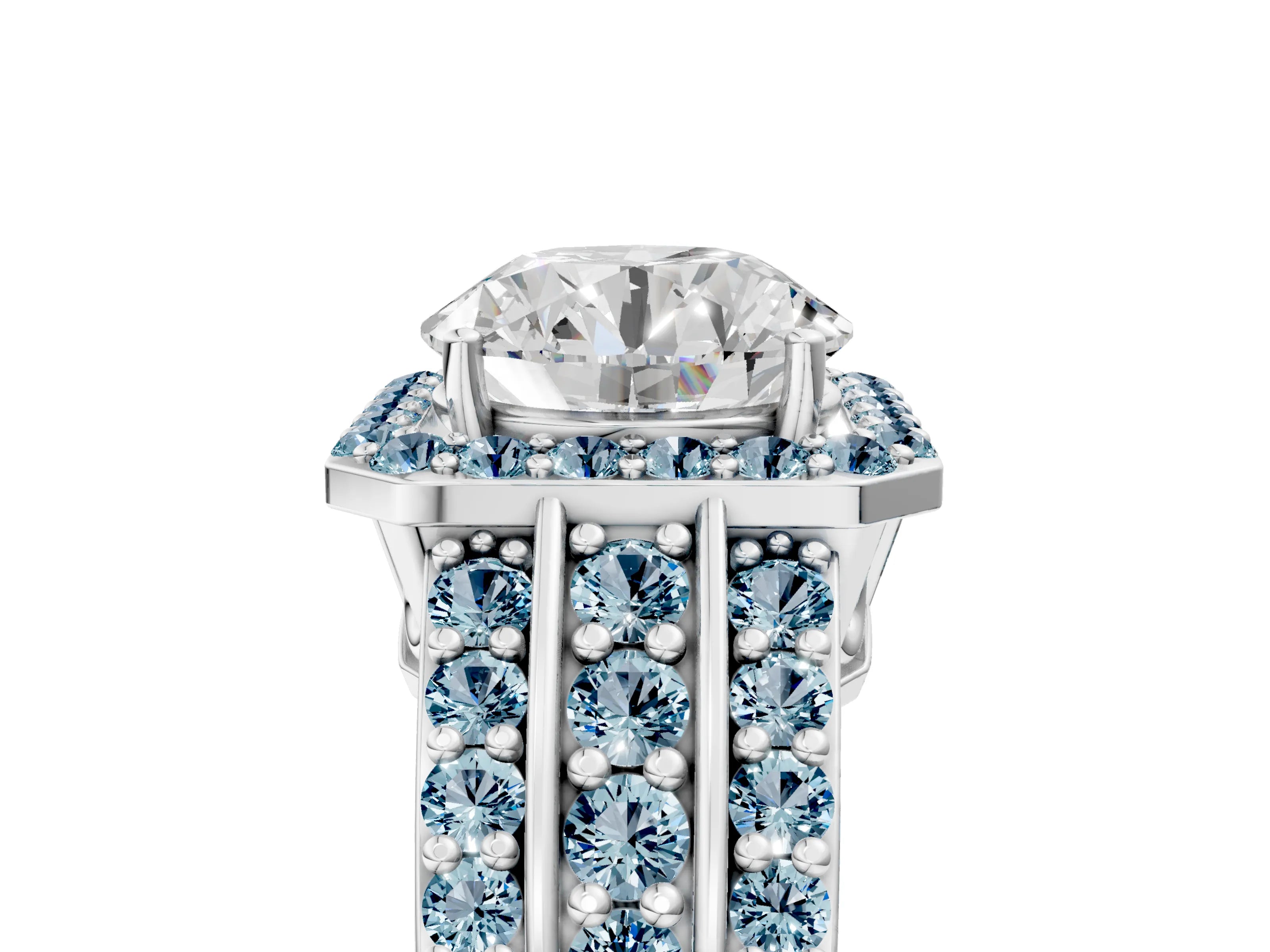 White gold Round Cut Halo Diamond Ring with Round with Aquamarine side stone Split Shank and Prong Setting_17