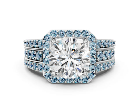 White gold Round Cut Halo Diamond Ring with Round with Aquamarine side stone Split Shank and Prong Setting_18