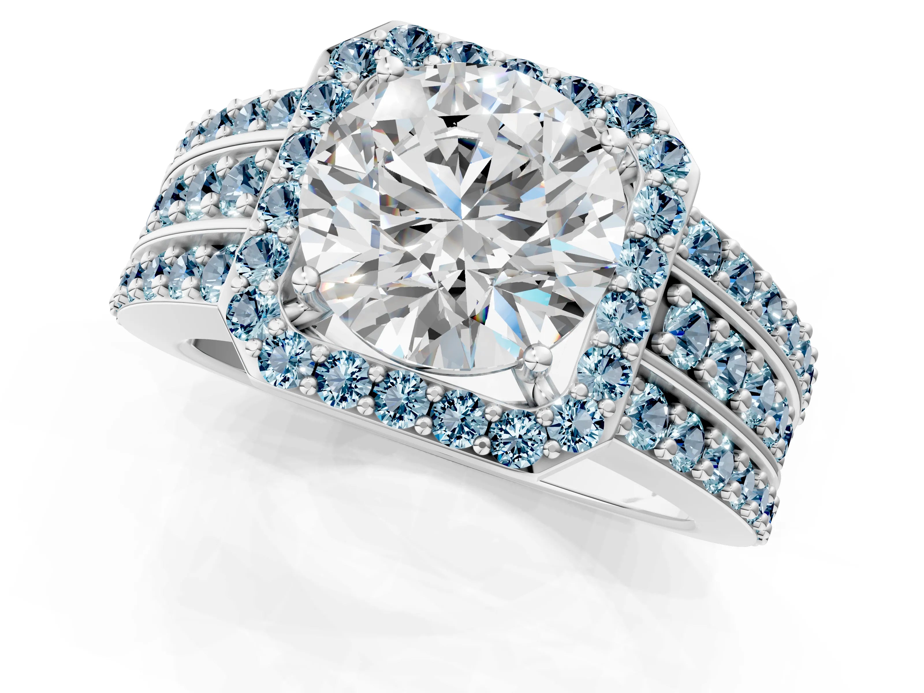 White gold Round Cut Halo Diamond Ring with Round with Aquamarine side stone Split Shank and Prong Setting_19
