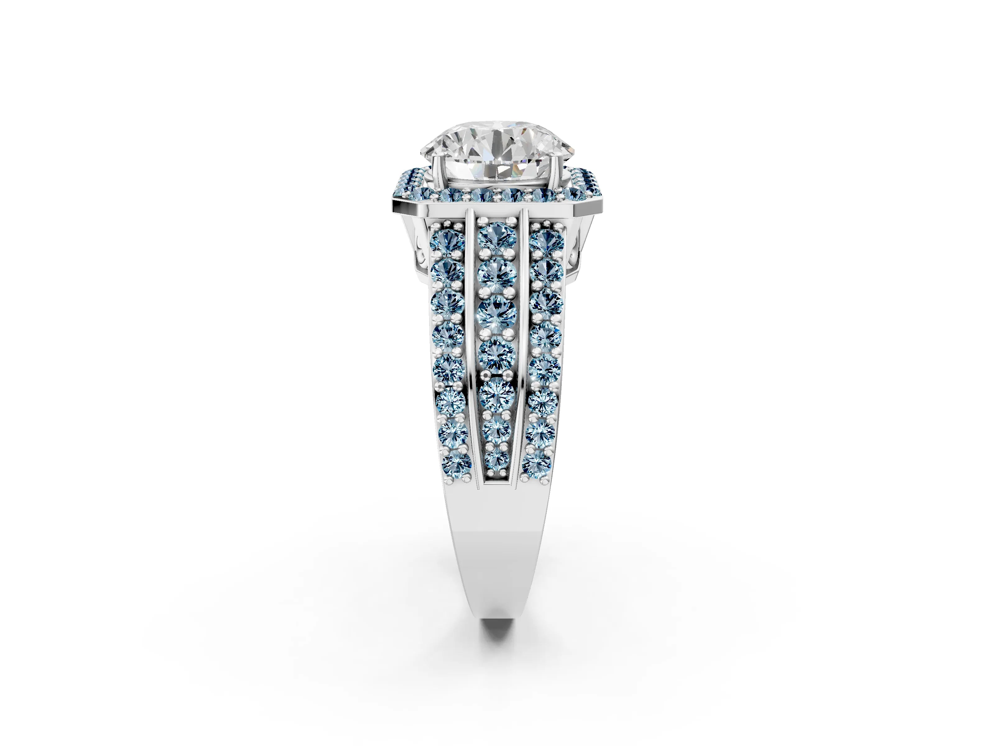White gold Round Cut Halo Diamond Ring with Round with Aquamarine side stone Split Shank and Prong Setting_20
