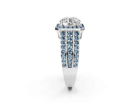 White gold Round Cut Halo Diamond Ring with Round with Aquamarine side stone Split Shank and Prong Setting_20