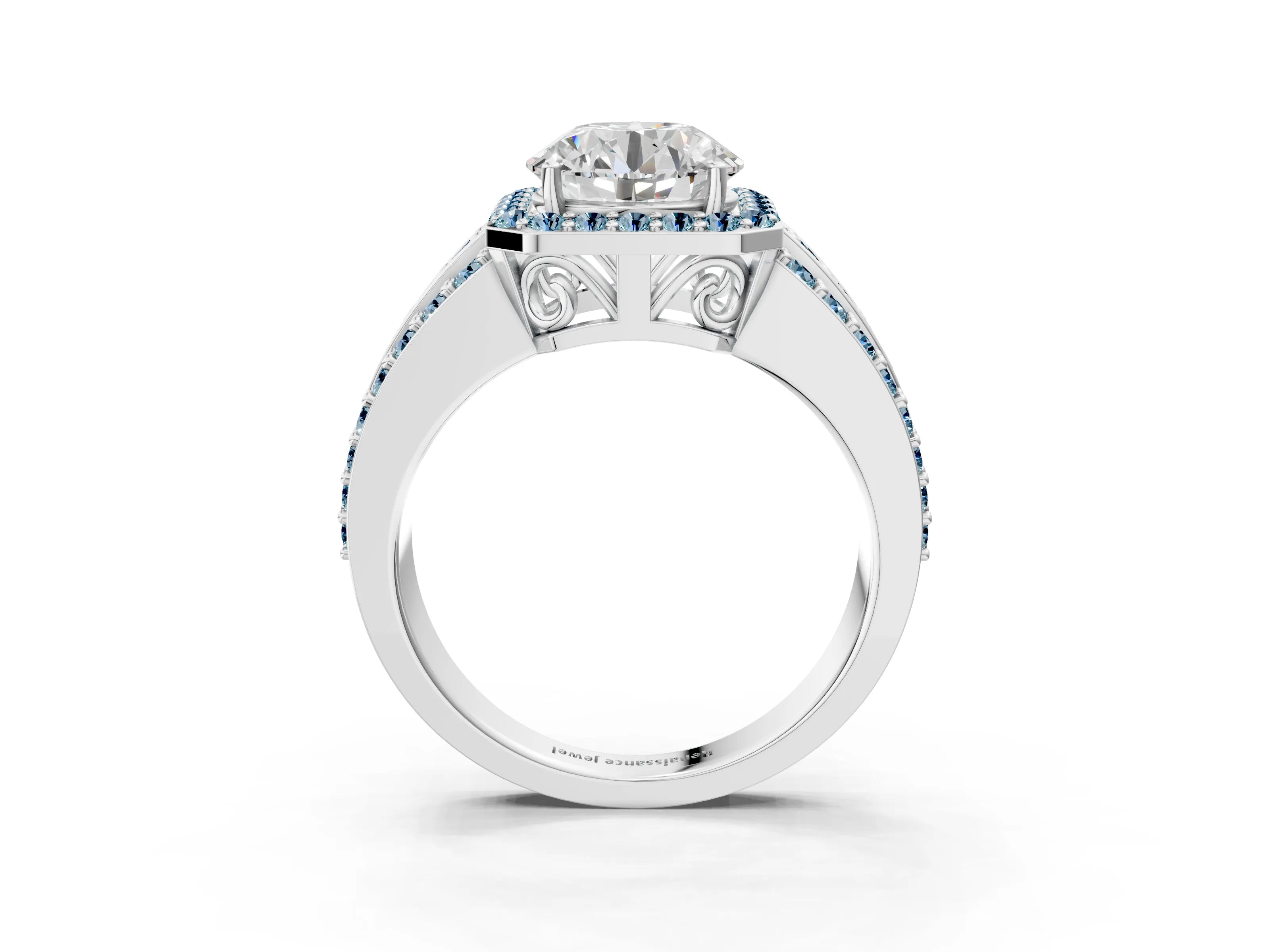 White gold Round Cut Halo Diamond Ring with Round with Aquamarine side stone Split Shank and Prong Setting_21