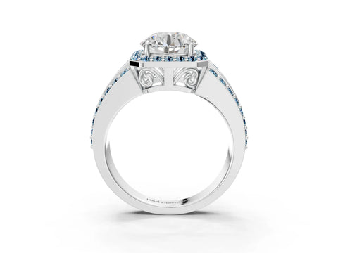 White gold Round Cut Halo Diamond Ring with Round with Aquamarine side stone Split Shank and Prong Setting_21