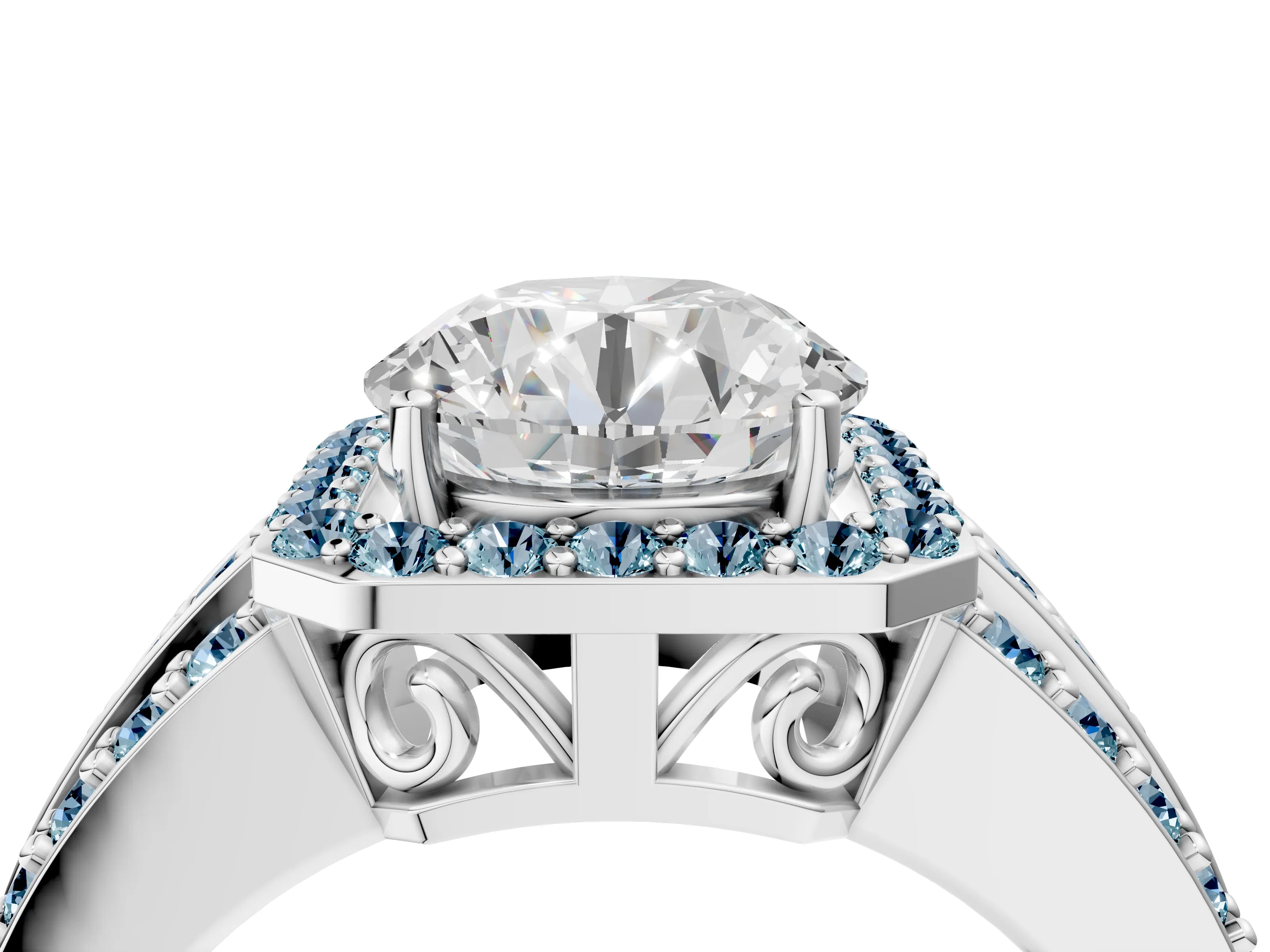 White gold Round Cut Halo Diamond Ring with Round with Aquamarine side stone Split Shank and Prong Setting_22