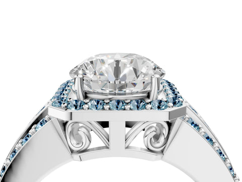 White gold Round Cut Halo Diamond Ring with Round with Aquamarine side stone Split Shank and Prong Setting_22
