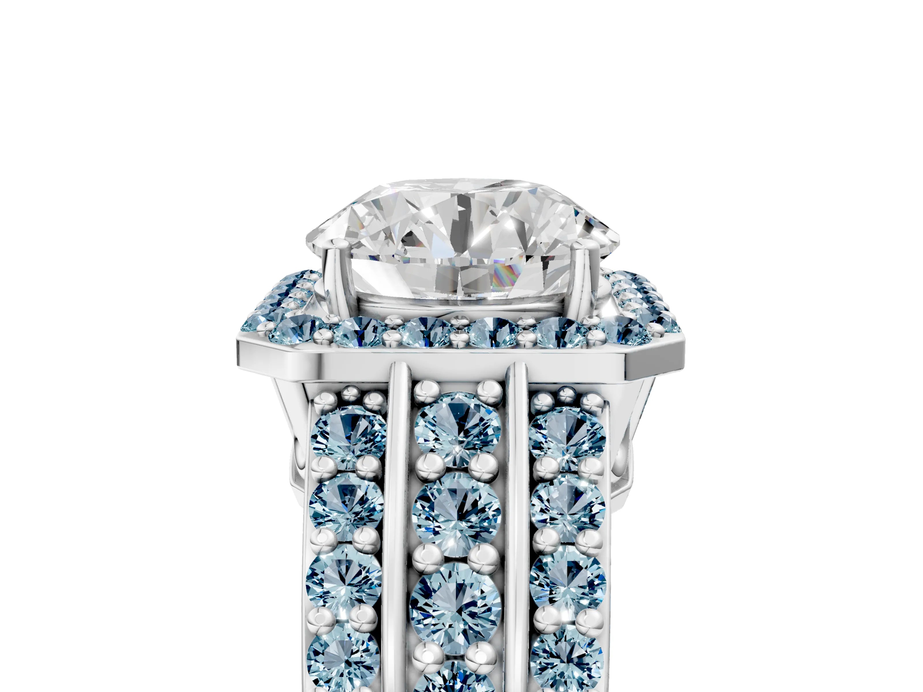 White gold Round Cut Halo Diamond Ring with Round with Aquamarine side stone Split Shank and Prong Setting_23