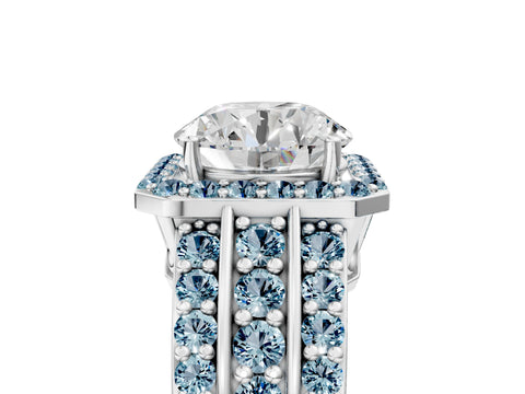 White gold Round Cut Halo Diamond Ring with Round with Aquamarine side stone Split Shank and Prong Setting_23