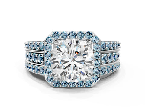 White gold Round Cut Halo Diamond Ring with Round with Aquamarine side stone Split Shank and Prong Setting_318