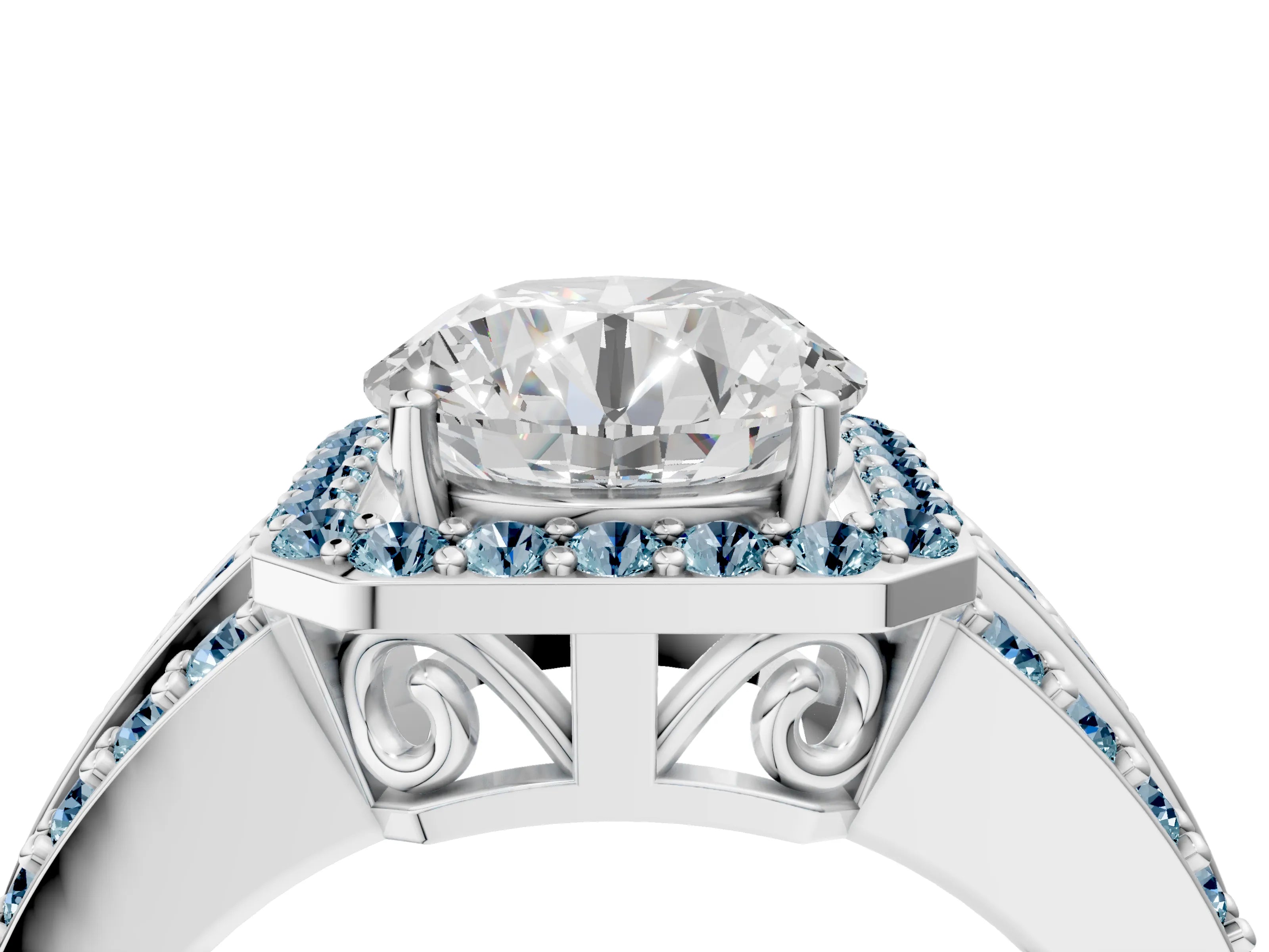 White gold Round Cut Halo Diamond Ring with Round with Aquamarine side stone Split Shank and Prong Setting_322