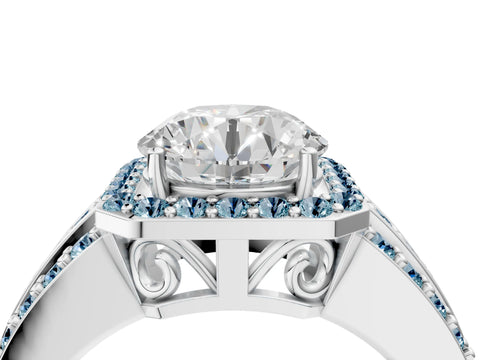White gold Round Cut Halo Diamond Ring with Round with Aquamarine side stone Split Shank and Prong Setting_322