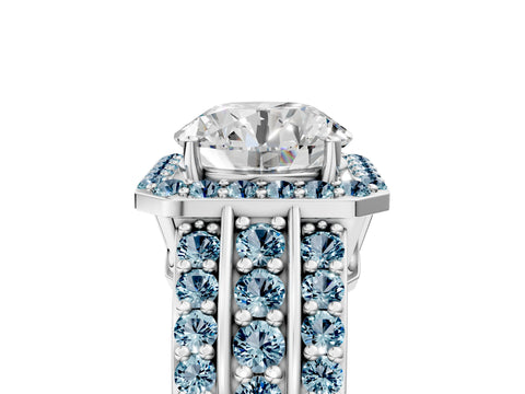 White gold Round Cut Halo Diamond Ring with Round with Aquamarine side stone Split Shank and Prong Setting_323