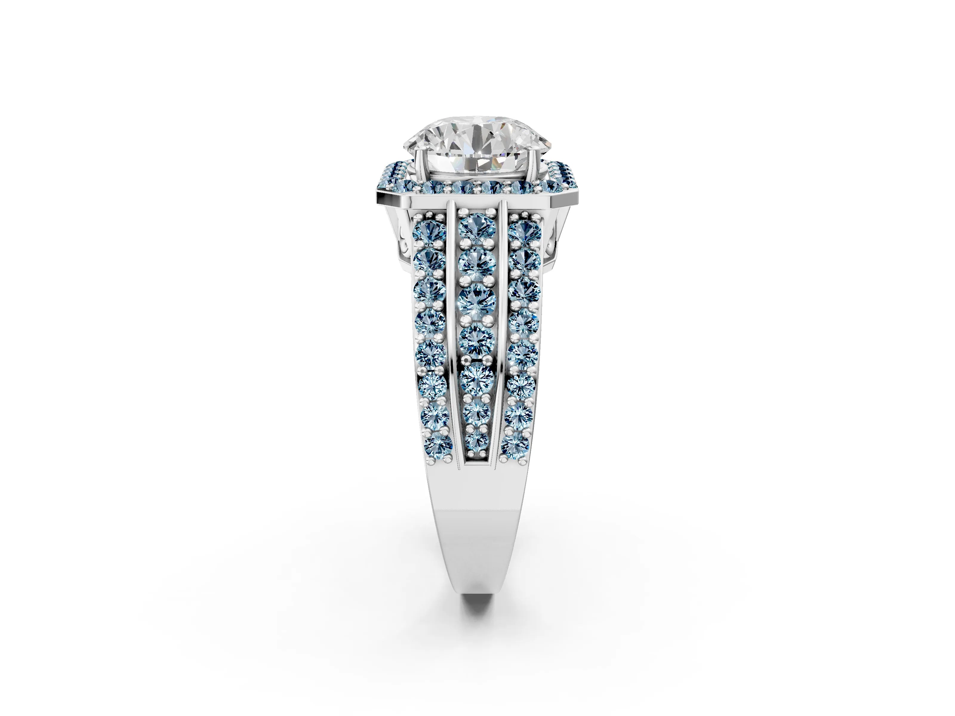 White gold Round Cut Halo Diamond Ring with Round with Aquamarine side stone Split Shank and Prong Setting_327