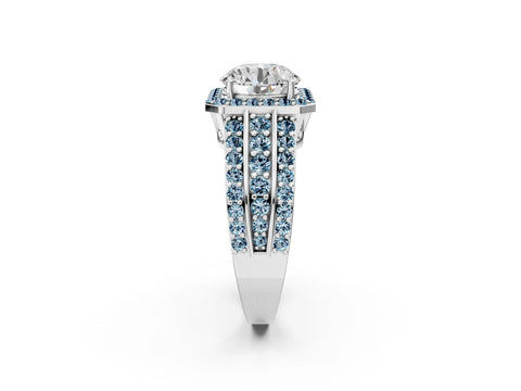 White gold Round Cut Halo Diamond Ring with Round with Aquamarine side stone Split Shank and Prong Setting_327