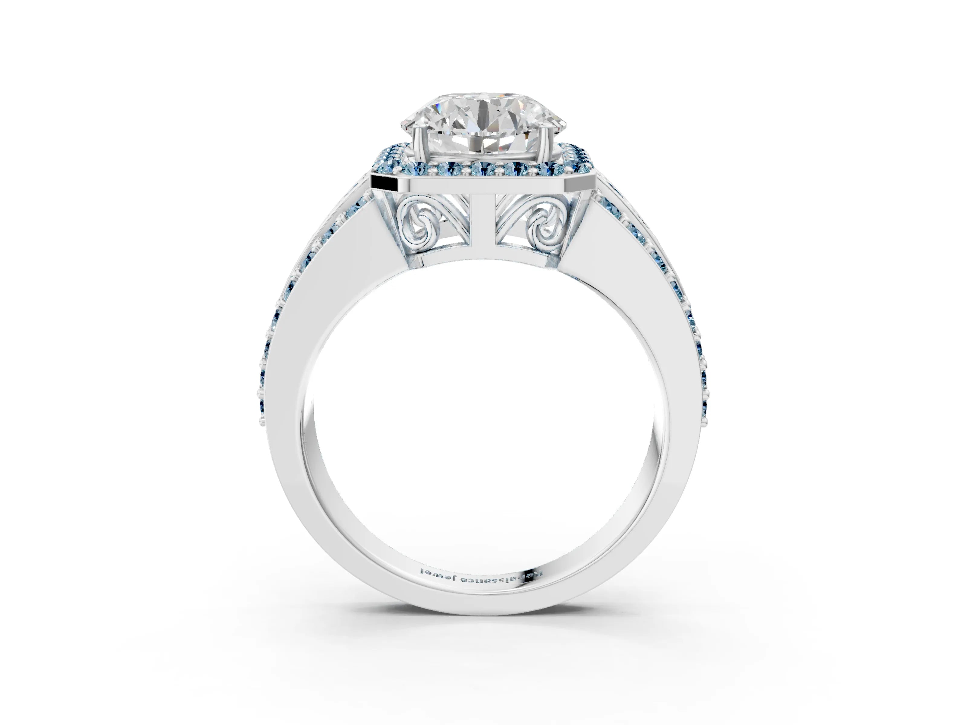 White gold Round Cut Halo Diamond Ring with Round with Aquamarine side stone Split Shank and Prong Setting_328