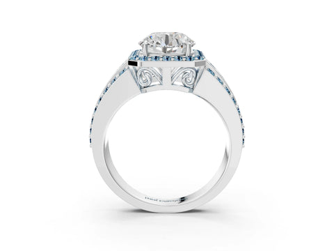White gold Round Cut Halo Diamond Ring with Round with Aquamarine side stone Split Shank and Prong Setting_328