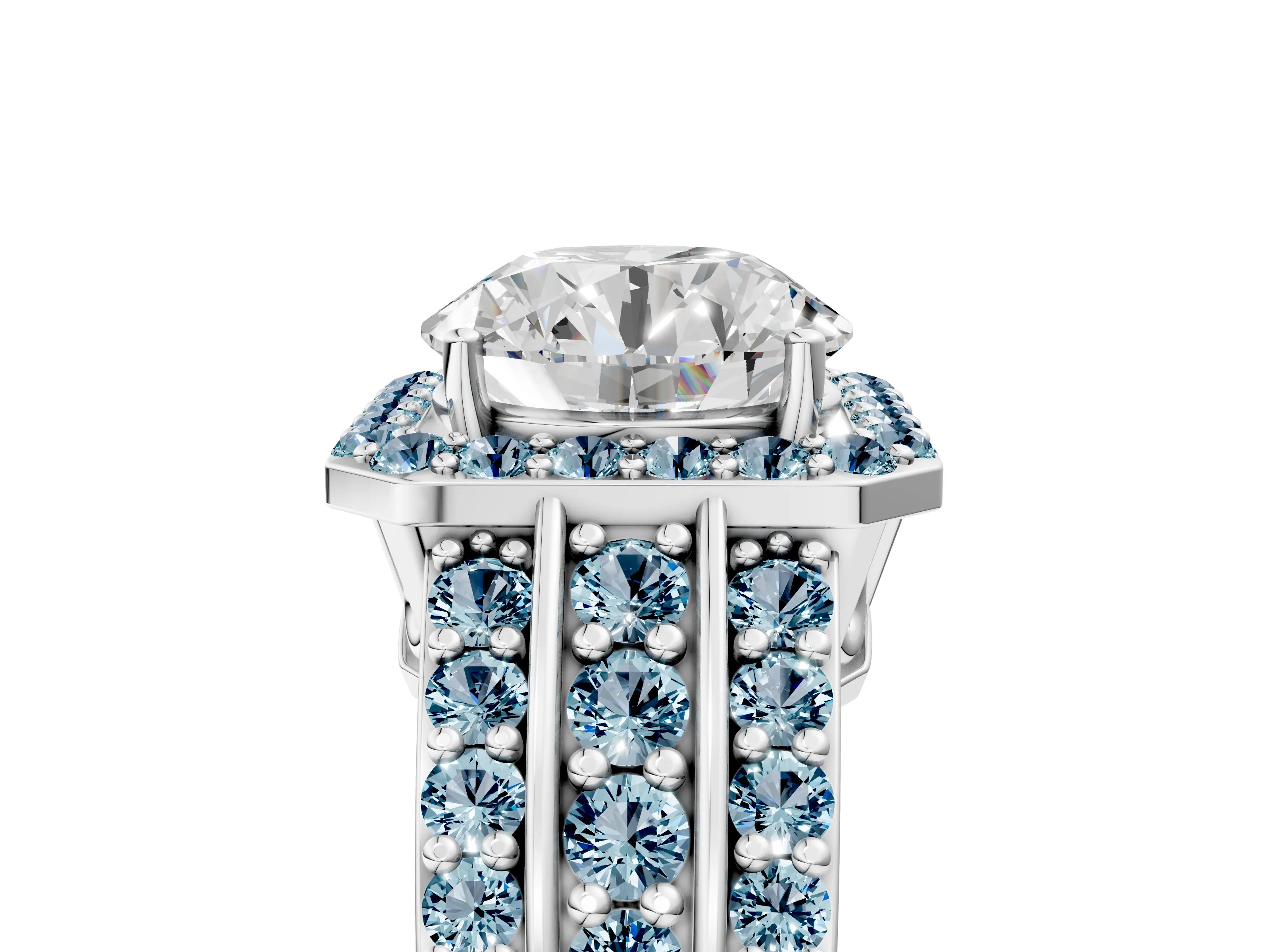 White gold Round Cut Halo Diamond Ring with Round with Aquamarine side stone Split Shank and Prong Setting_330