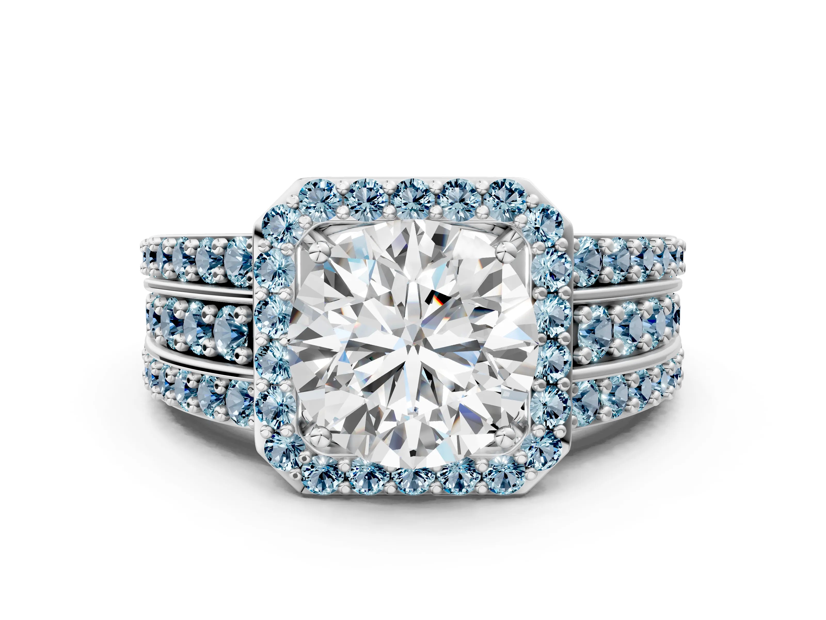 White gold Round Cut Halo Diamond Ring with Round with Aquamarine side stone Split Shank and Prong Setting_90