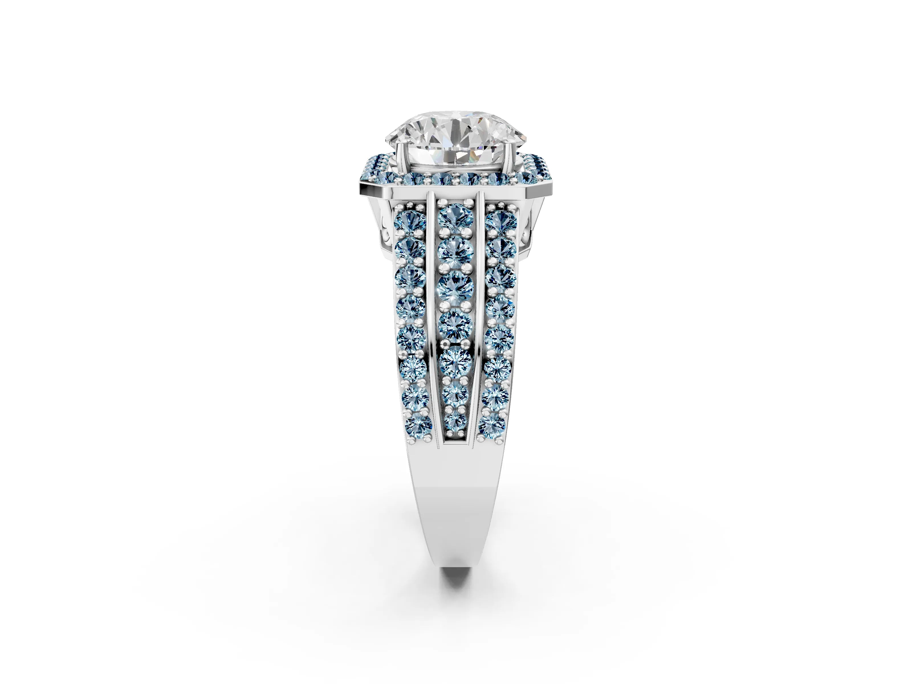 White gold Round Cut Halo Diamond Ring with Round with Aquamarine side stone Split Shank and Prong Setting_92