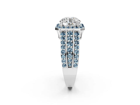 White gold Round Cut Halo Diamond Ring with Round with Aquamarine side stone Split Shank and Prong Setting_92