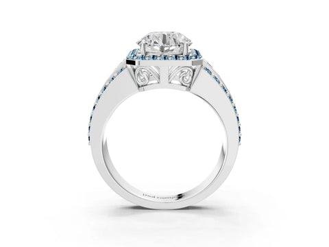 White gold Round Cut Halo Diamond Ring with Round with Aquamarine side stone Split Shank and Prong Setting_93