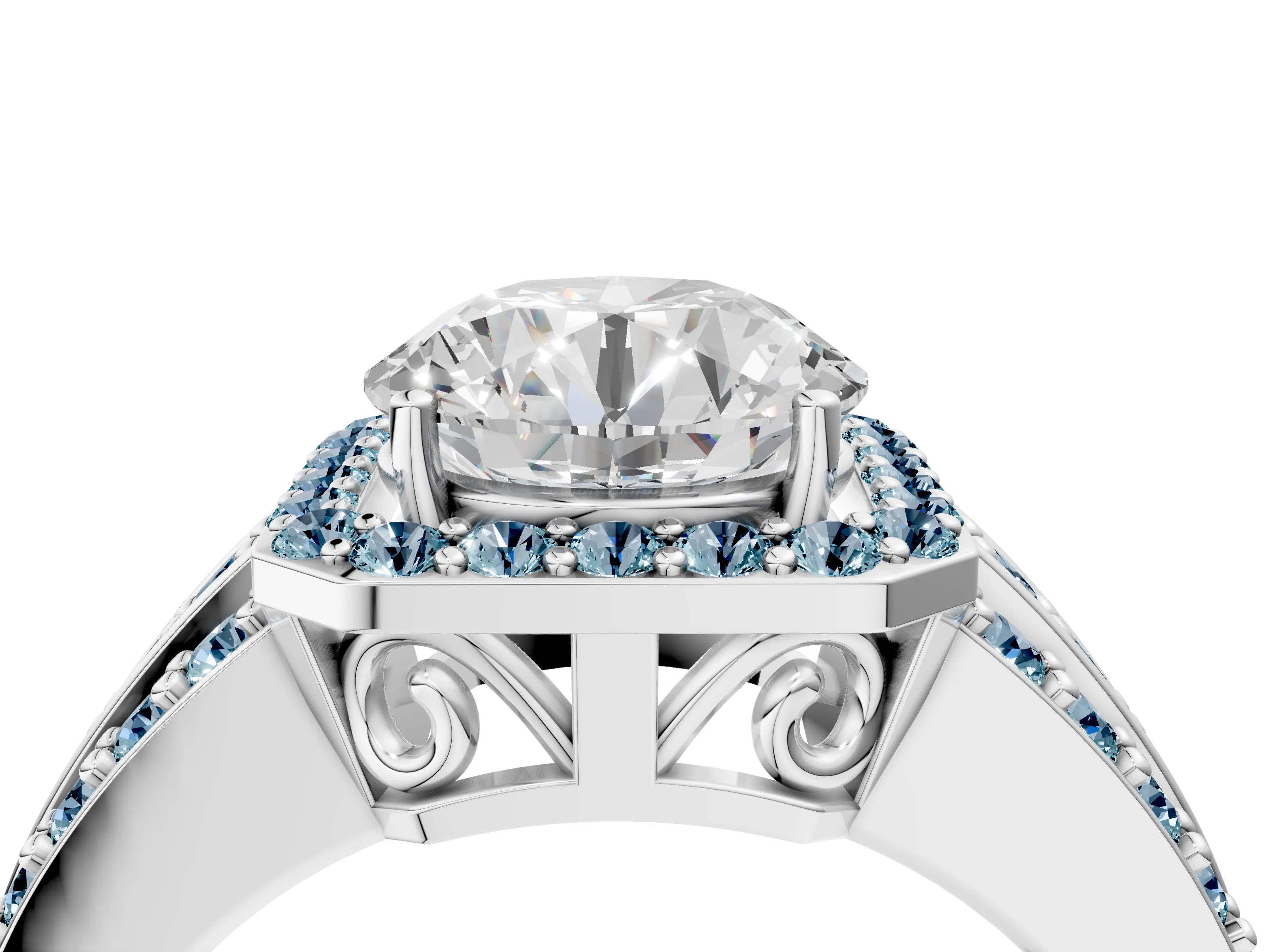White gold Round Cut Halo Diamond Ring with Round with Aquamarine side stone Split Shank and Prong Setting_94