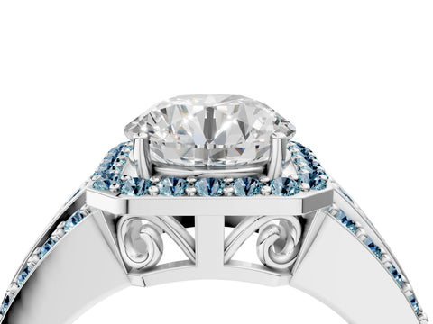 White gold Round Cut Halo Diamond Ring with Round with Aquamarine side stone Split Shank and Prong Setting_94