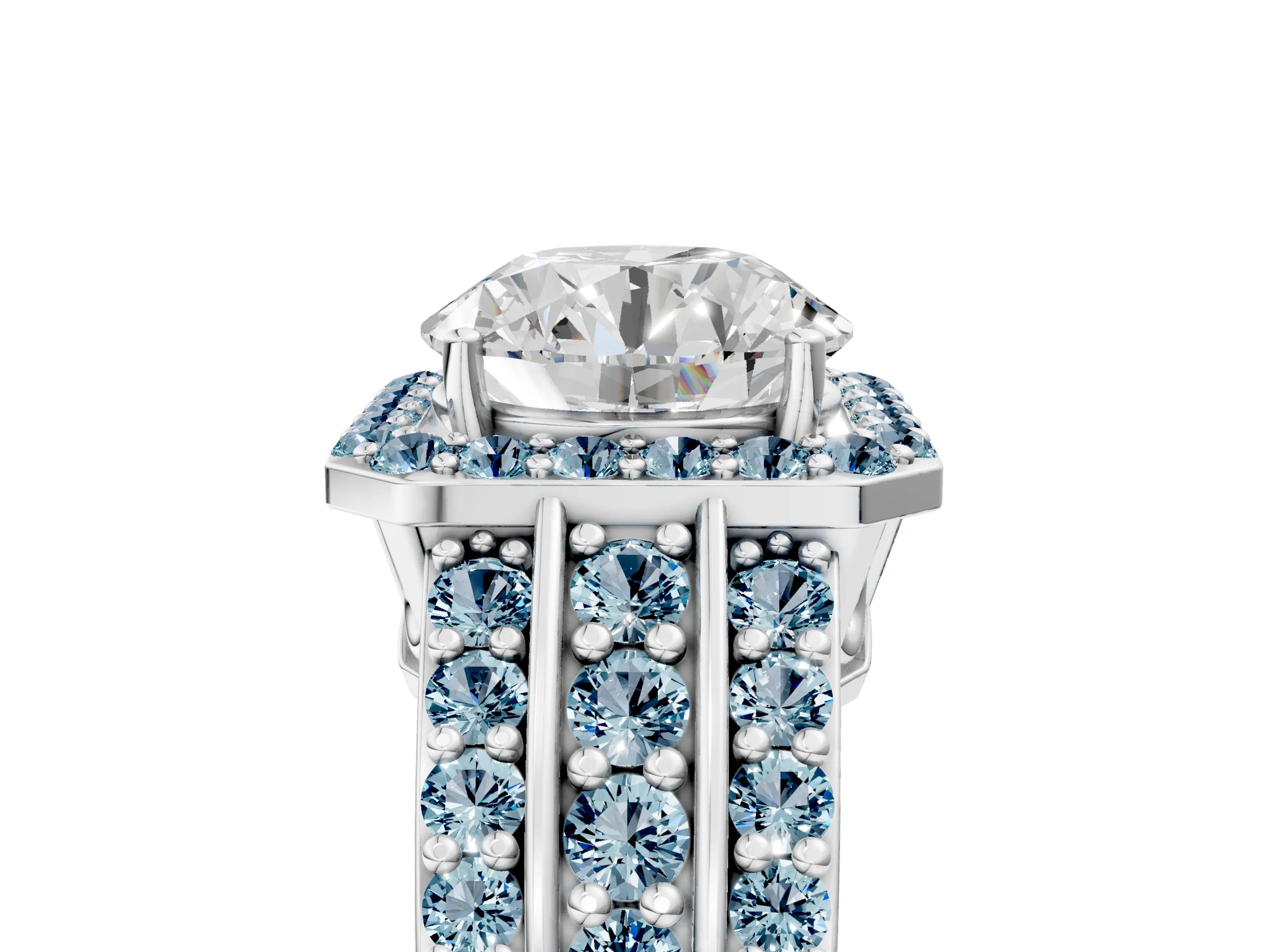 White gold Round Cut Halo Diamond Ring with Round with Aquamarine side stone Split Shank and Prong Setting_95