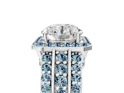 White gold Round Cut Halo Diamond Ring with Round with Aquamarine side stone Split Shank and Prong Setting_95