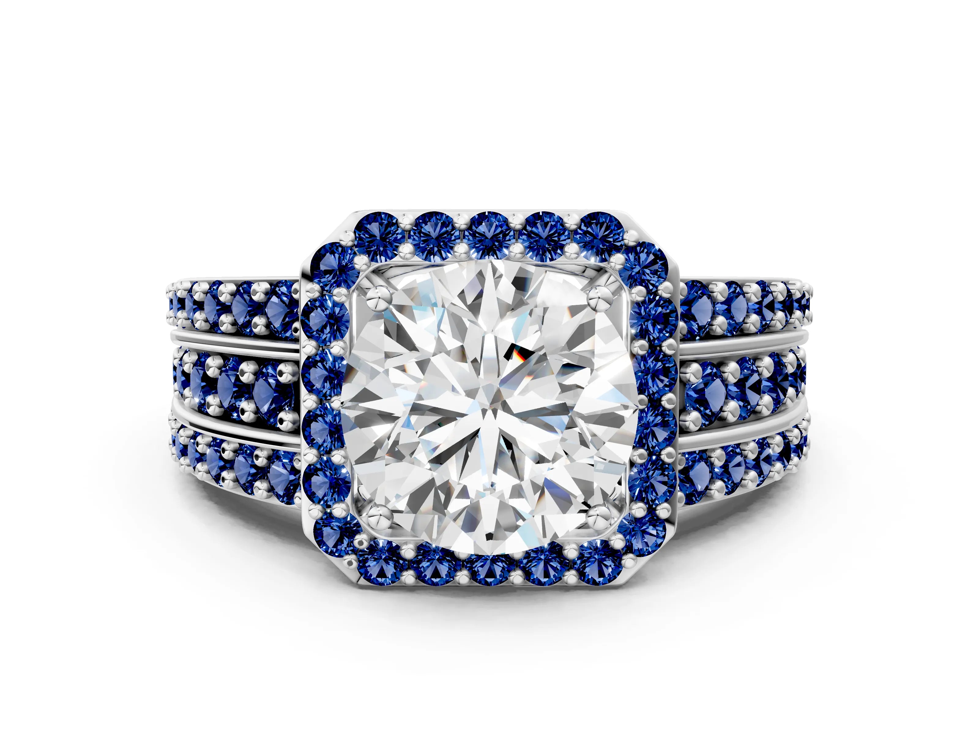 White gold Round Cut Halo Diamond Ring with Round with Blue Sapphire side stone Split Shank and Prong Setting_24