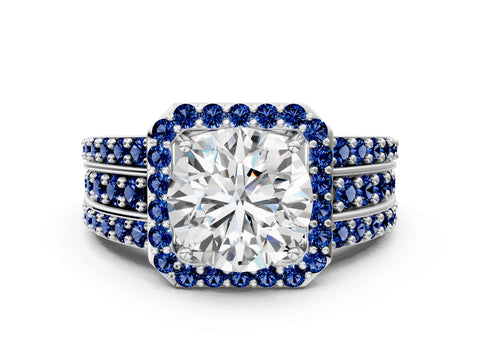 White gold Round Cut Halo Diamond Ring with Round with Blue Sapphire side stone Split Shank and Prong Setting_24