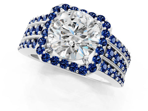 White gold Round Cut Halo Diamond Ring with Round with Blue Sapphire side stone Split Shank and Prong Setting_25