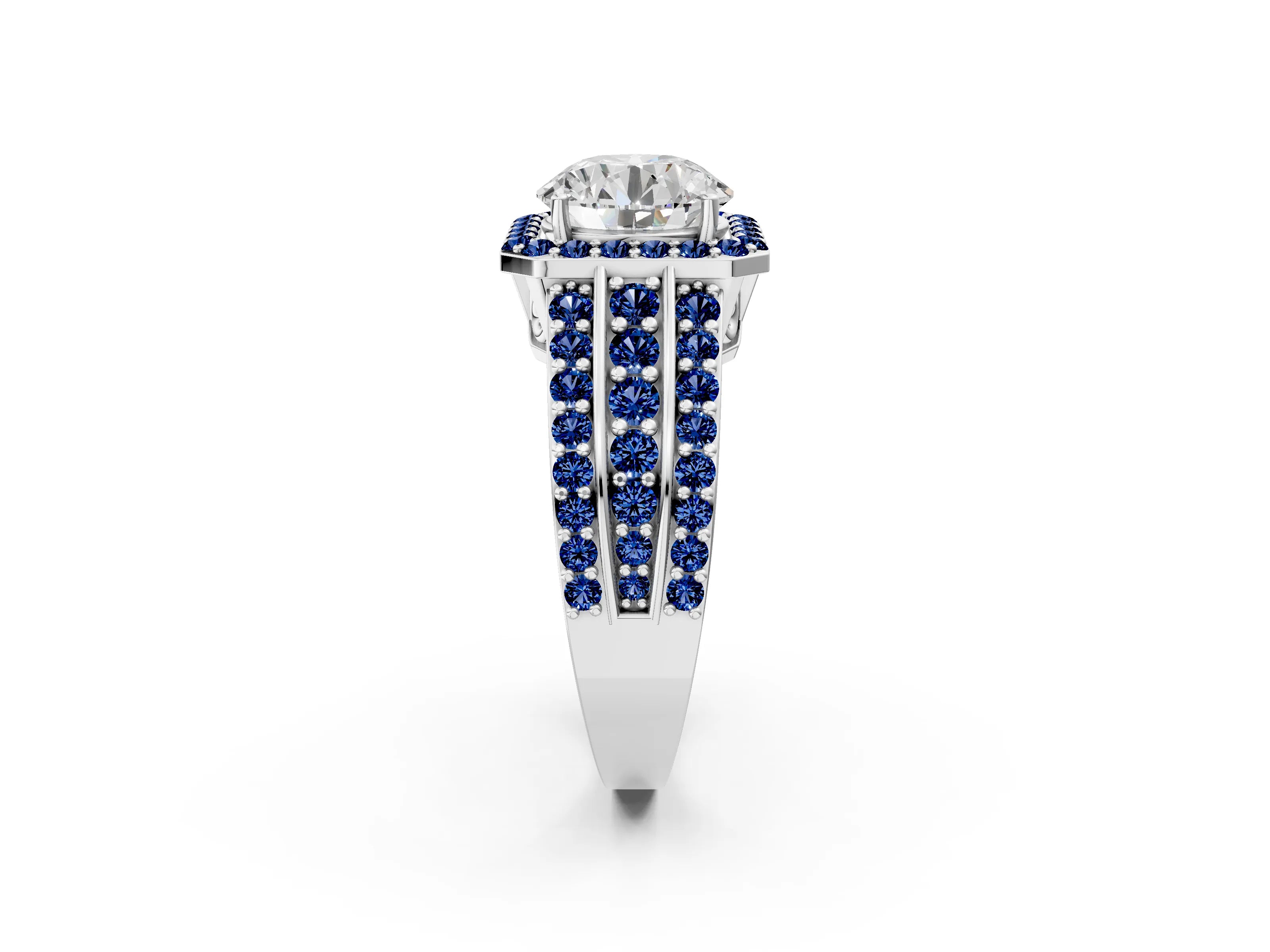 White gold Round Cut Halo Diamond Ring with Round with Blue Sapphire side stone Split Shank and Prong Setting_26
