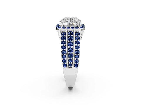 White gold Round Cut Halo Diamond Ring with Round with Blue Sapphire side stone Split Shank and Prong Setting_26