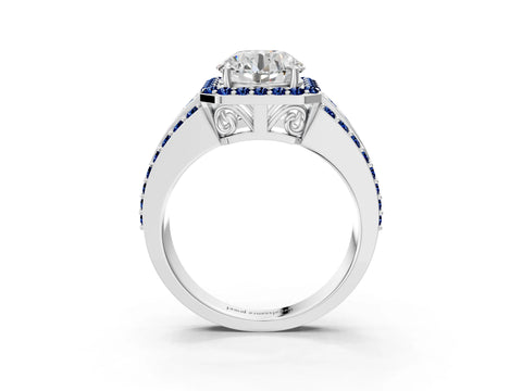 White gold Round Cut Halo Diamond Ring with Round with Blue Sapphire side stone Split Shank and Prong Setting_27
