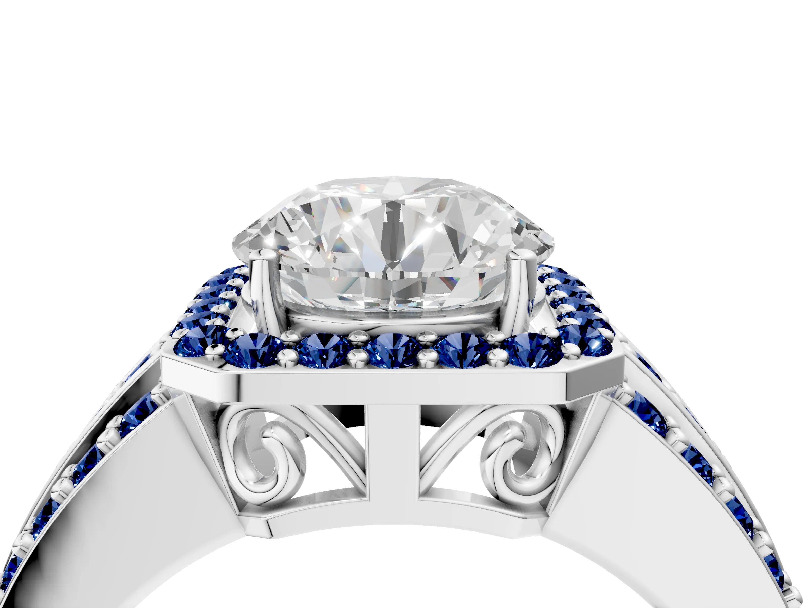 White gold Round Cut Halo Diamond Ring with Round with Blue Sapphire side stone Split Shank and Prong Setting_28