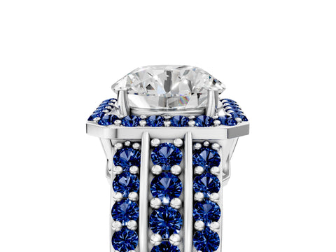 White gold Round Cut Halo Diamond Ring with Round with Blue Sapphire side stone Split Shank and Prong Setting_29