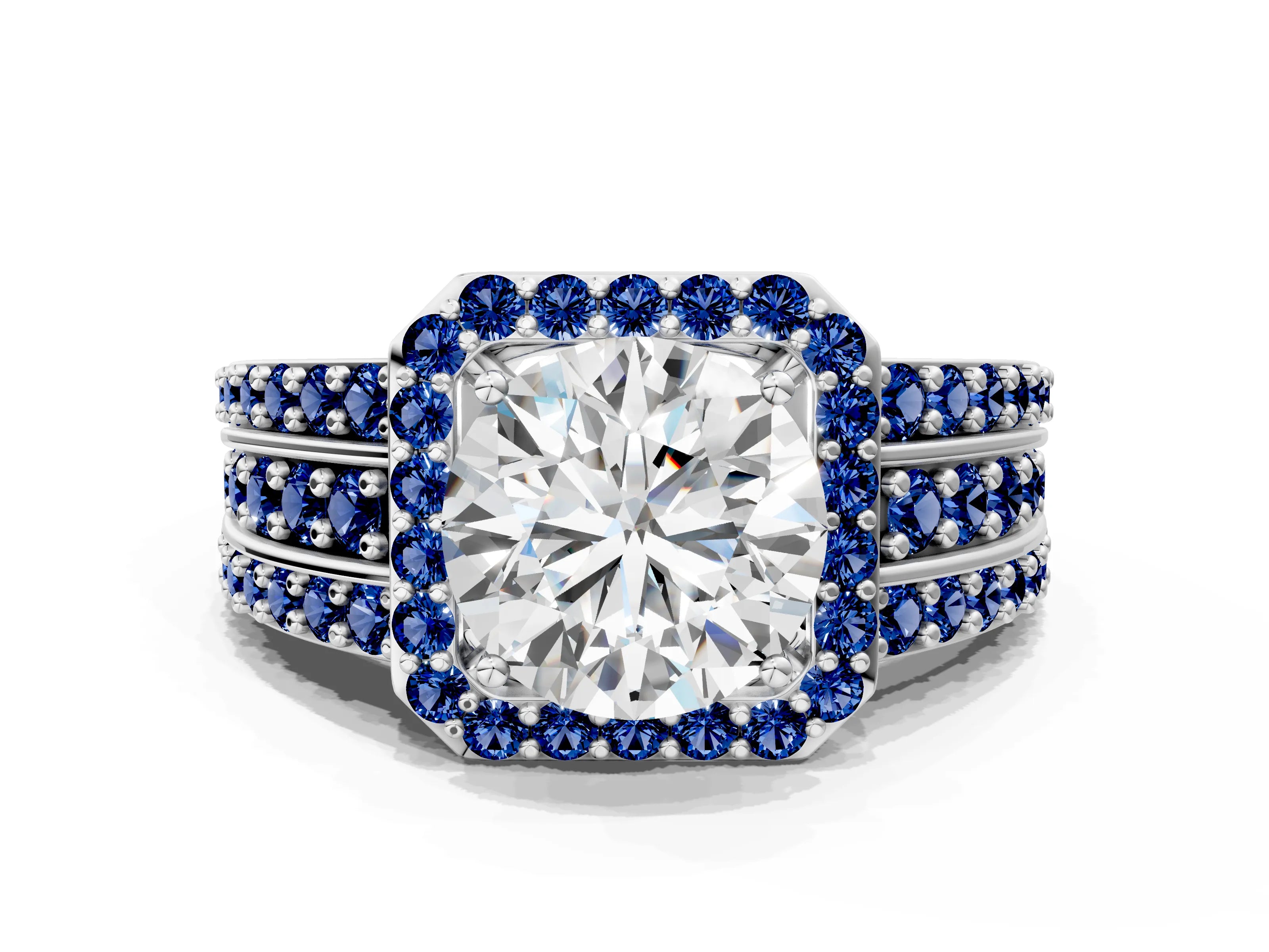 White gold Round Cut Halo Diamond Ring with Round with Blue Sapphire side stone Split Shank and Prong Setting_348