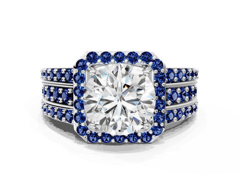 White gold Round Cut Halo Diamond Ring with Round with Blue Sapphire side stone Split Shank and Prong Setting_348