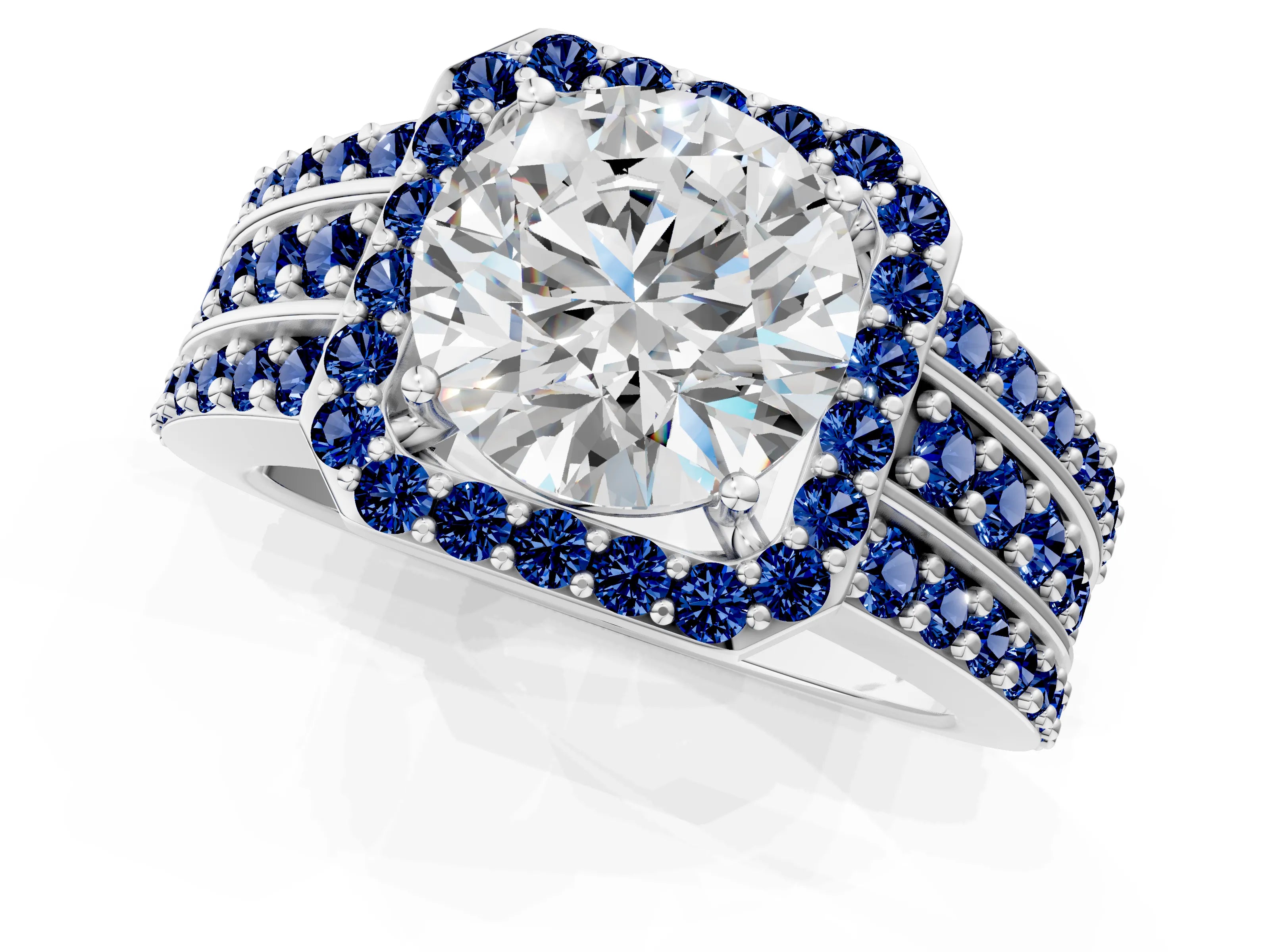 White gold Round Cut Halo Diamond Ring with Round with Blue Sapphire side stone Split Shank and Prong Setting_349