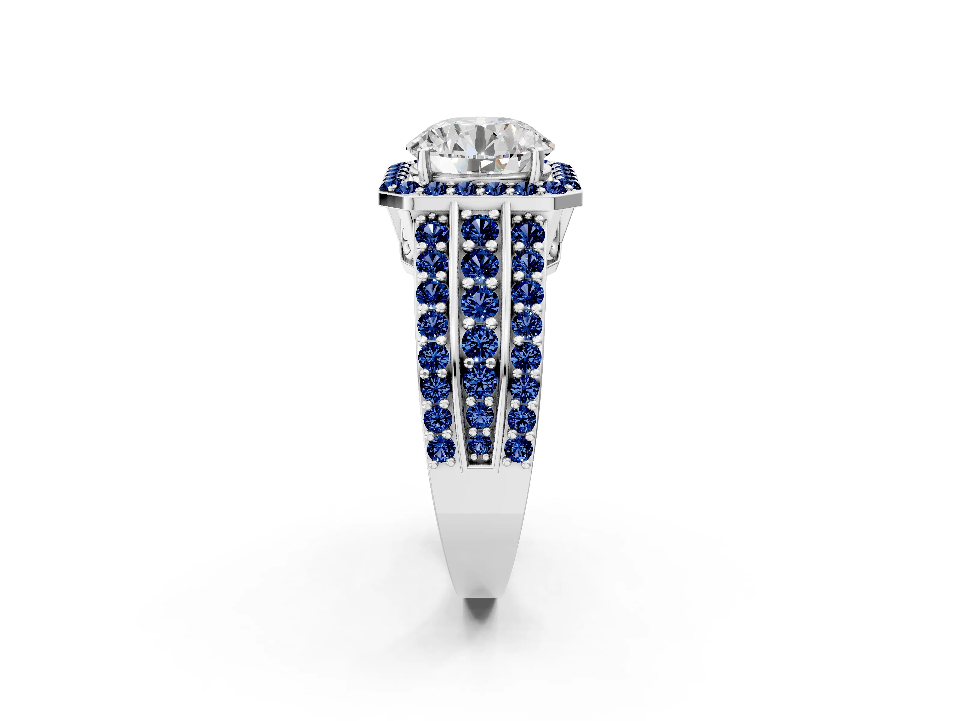 White gold Round Cut Halo Diamond Ring with Round with Blue Sapphire side stone Split Shank and Prong Setting_350