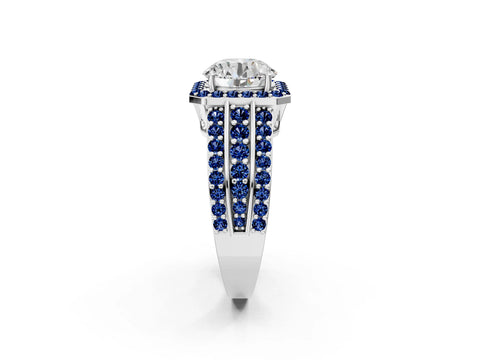 White gold Round Cut Halo Diamond Ring with Round with Blue Sapphire side stone Split Shank and Prong Setting_350