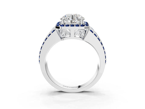 White gold Round Cut Halo Diamond Ring with Round with Blue Sapphire side stone Split Shank and Prong Setting_351