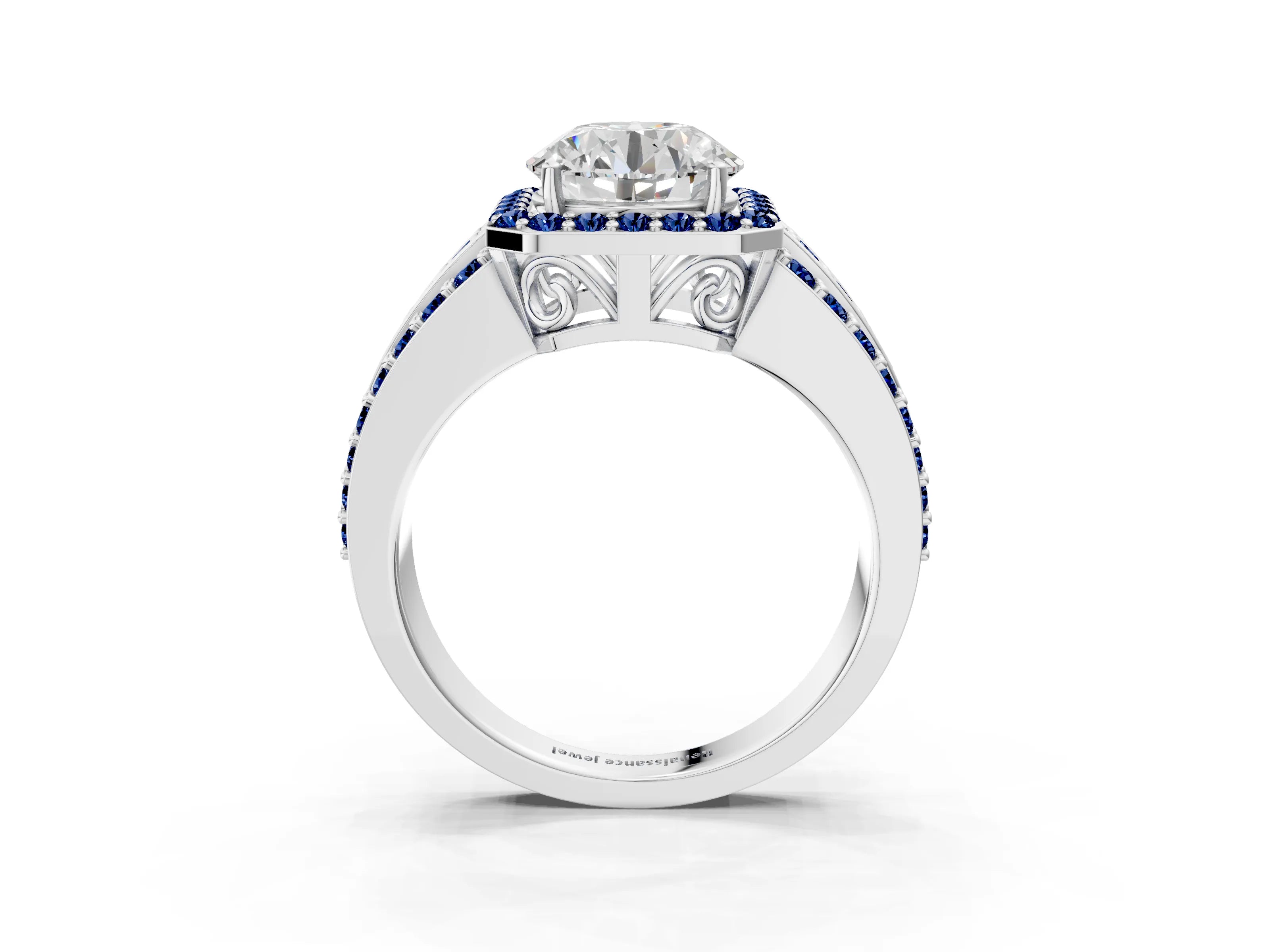 White gold Round Cut Halo Diamond Ring with Round with Blue Sapphire side stone Split Shank and Prong Setting_351