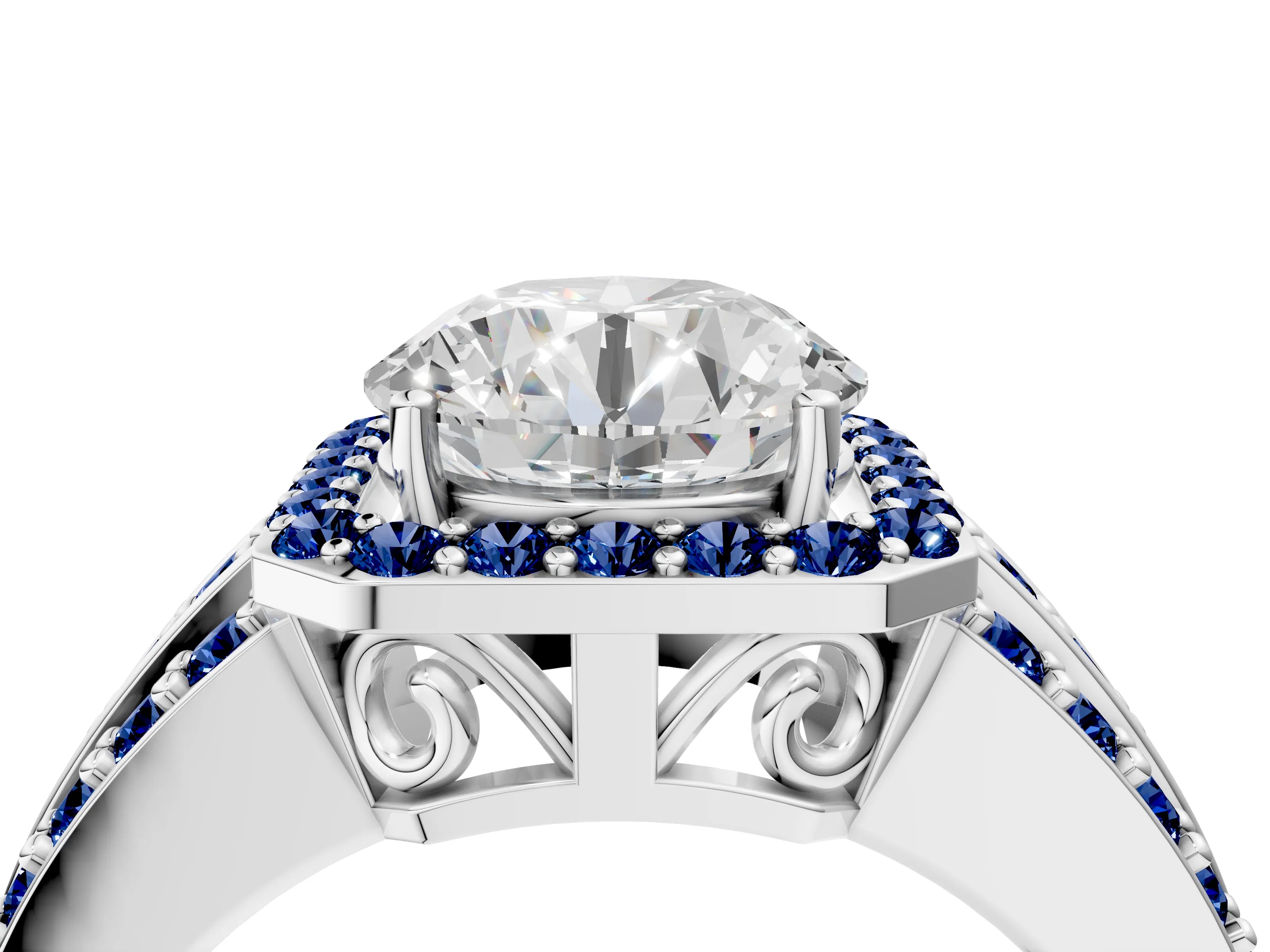 White gold Round Cut Halo Diamond Ring with Round with Blue Sapphire side stone Split Shank and Prong Setting_352