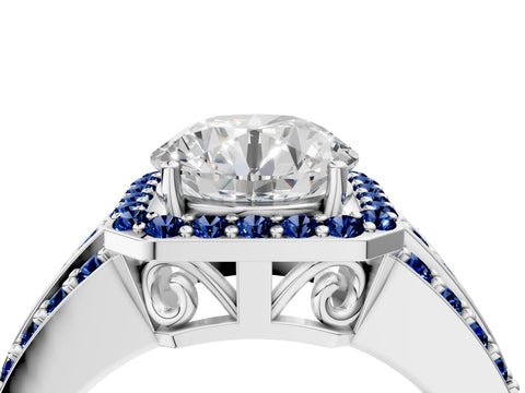 White gold Round Cut Halo Diamond Ring with Round with Blue Sapphire side stone Split Shank and Prong Setting_352