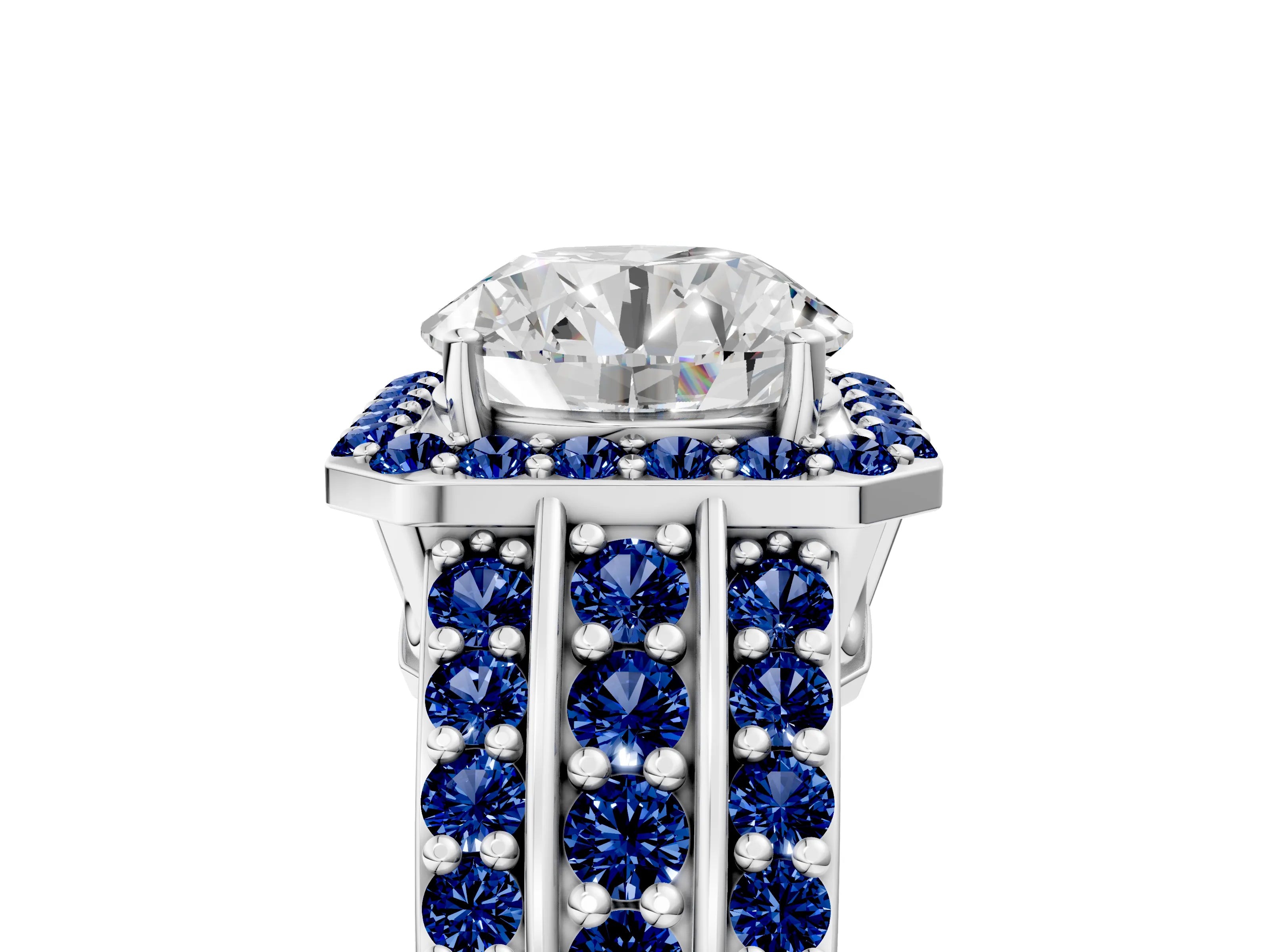 White gold Round Cut Halo Diamond Ring with Round with Blue Sapphire side stone Split Shank and Prong Setting_353