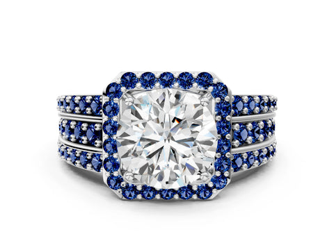 White gold Round Cut Halo Diamond Ring with Round with Blue Sapphire side stone Split Shank and Prong Setting_36