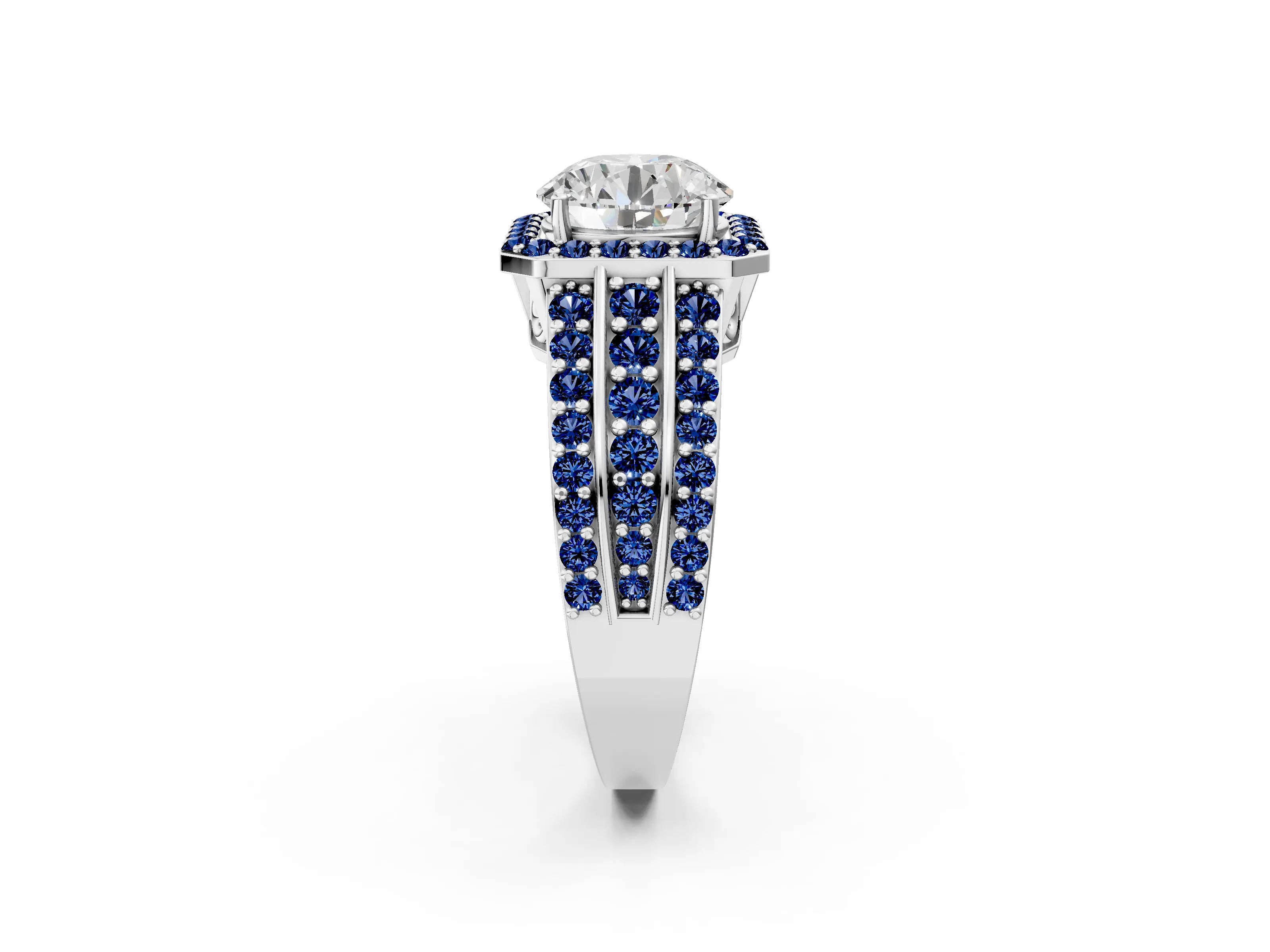 White gold Round Cut Halo Diamond Ring with Round with Blue Sapphire side stone Split Shank and Prong Setting_38